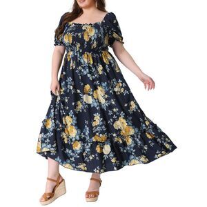 Plus Size Dress for Shirred Square Neck Floral Maxi Long Dress Navy Blue